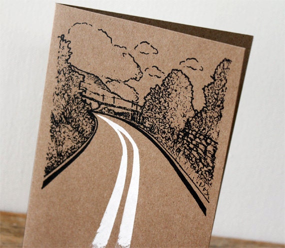 Country road card - Black, white gocco screen-printed on brown recycled  kraft card