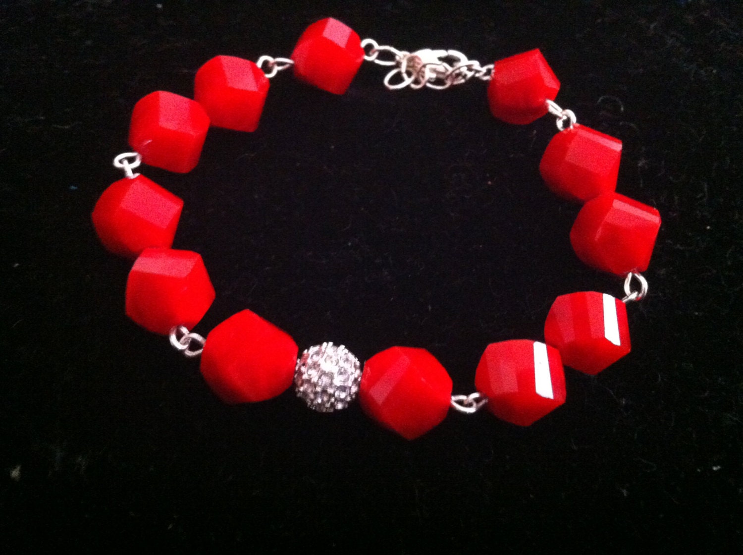 Red Beaded Bracelet w/ Silver Pave Bead Detail