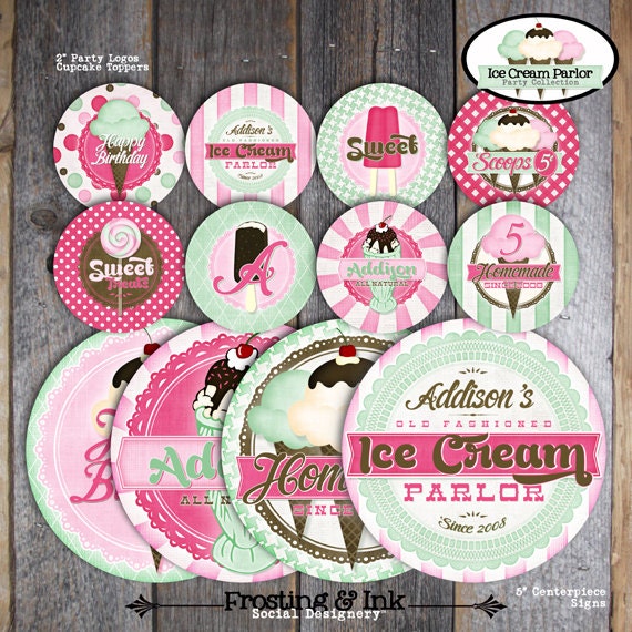 Ice Cream Party - Ice Cream Parlor Birthday - Complete Collection - Toppers, Banner, Favor Tags & More - Printable (Social, Shoppe, Vintage)