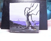 Original Painting, Tree Art, Home decor, Sailboat, Fairy door, coastal home decor, ACEO Miniature painting