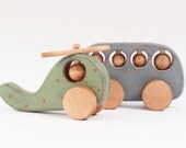 Wooden Toy set, rustic kid toys Bus and Helicopter