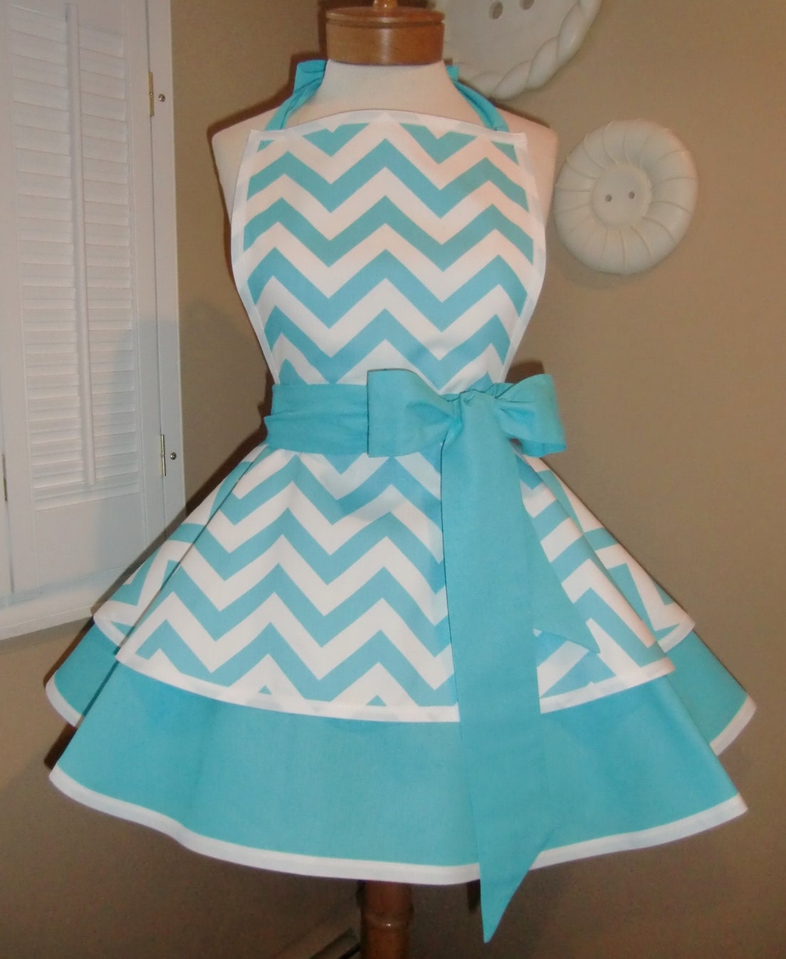 Aqua Blue Chevron Print Womans Retro Apron With Tiered Skirt And Bib...Plus Sizing Available