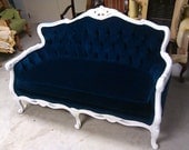 Blue Velvet Loveseat - Navy Blue White Frame Sofa Settee Couch