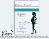 Pregnant Surfer Girl baby shower invitation with chevron stripes