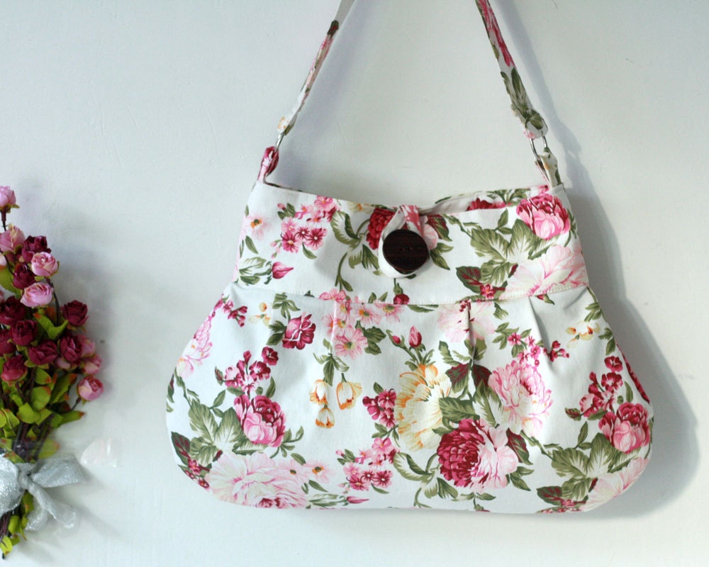Hobo Purse - Shoulder Bag - White and Pink Rose Floral - Shabby Chic Bag
