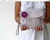 SALE - Rhapsody Purple Linen Clutch Pleated Purse with Purple beaded flower