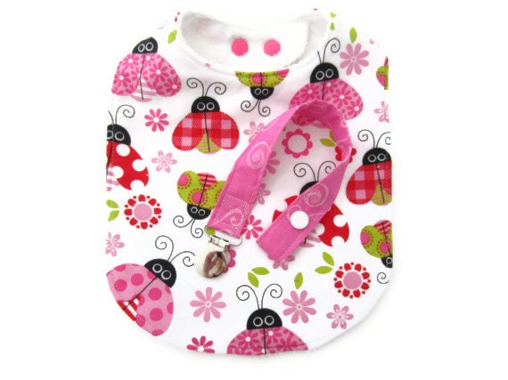 Baby Gift Set, Large Feeding Bib, Bib, Pacifier Clip, Pink, Ladybugs, Ready to Ship