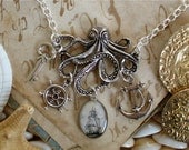 The Kraken in Silver - Octopus Necklace - Pirate Ship Anchor Captains Wheel Treasure Key - Octopus Statement Necklace Pirate Jewelry