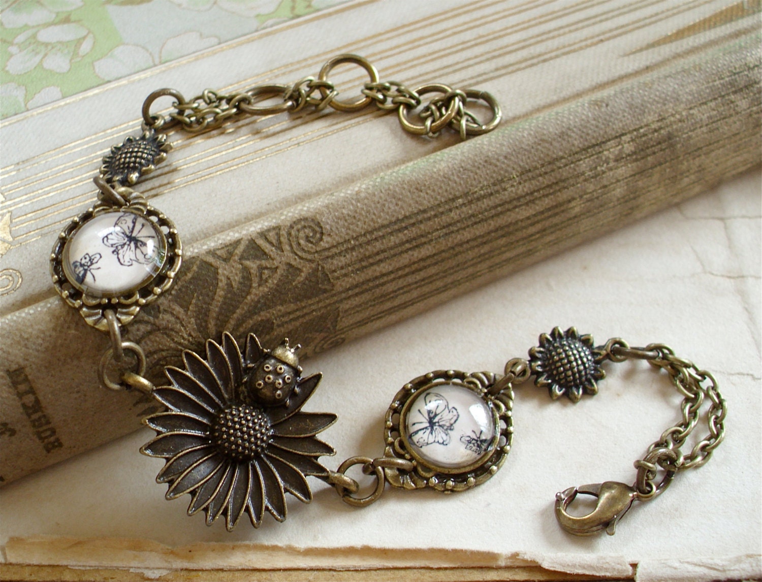 NEW - Butterfly Ladybug Sunflower and Daisy Bracelet - Antique insect Print - Spring - Summer - Cottage Chic - Daisy
