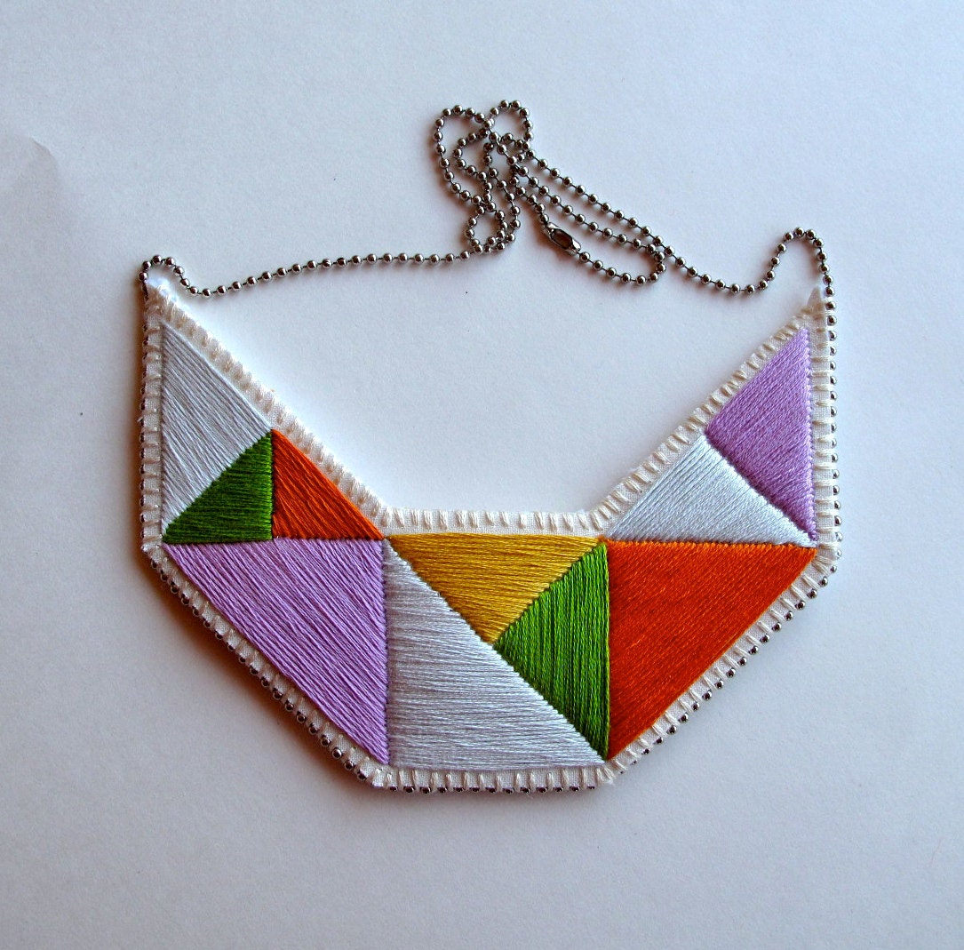 Embroidered bib necklace in beautiful colors of yellow green orange gray and lavender