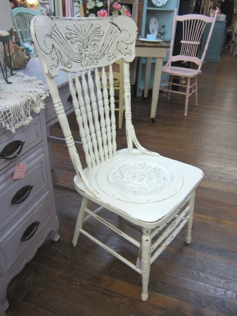 Hand Painted Shabby White Chair Pressed Back Distressed Chic FREE Shipping