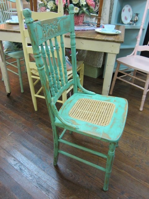 Hand Painted Shabby Chic Green Chair Cane Seat Distressed Press Back FREE Shipping