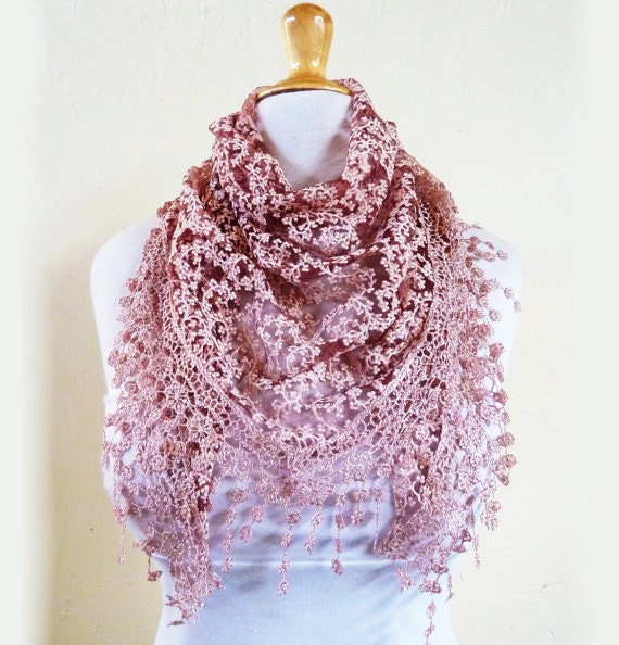 Scarf "Lilith" in PORT WINE / BURGUNDY / Brick Red with floral pattern and rich lace edge - scarflette shawl neckwarmer - Spring / Summer