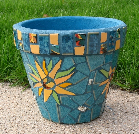 Mosaic Flower Pot Sunflowers Teal By Mosaicrenaissance On Etsy 9621