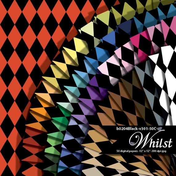 Harlequin Digital Paper, diamond digital paper, harlequin scrapbook in black and blue, pink, red, aqua, black white : b0204 Black v301 50C Il_570xn