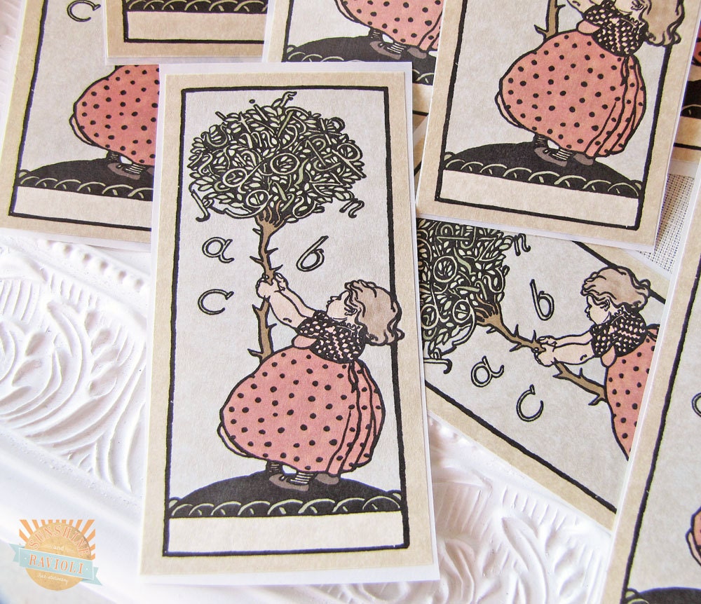 Bookplate Stickers- Vintage Inspired- Girl and ABC Tree