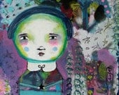 Mixed Media Original Painting - "Star Boy" - Colorful Layered Boy Primitive Folk Art - 12x12 inch - Little Boy Childrens Wall Art