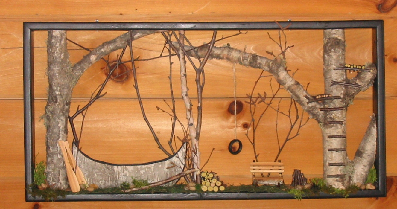 Framed Canoe Woodland Scene - Birch Bark Canoe, Paddles, Birch Twigs, Shadow Box, Urban Rustic