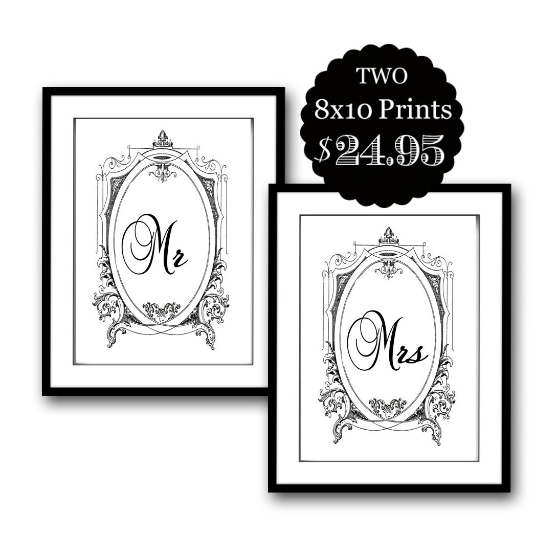 wedding mr mrs typography print set poster art black white 8x10 home decor gift