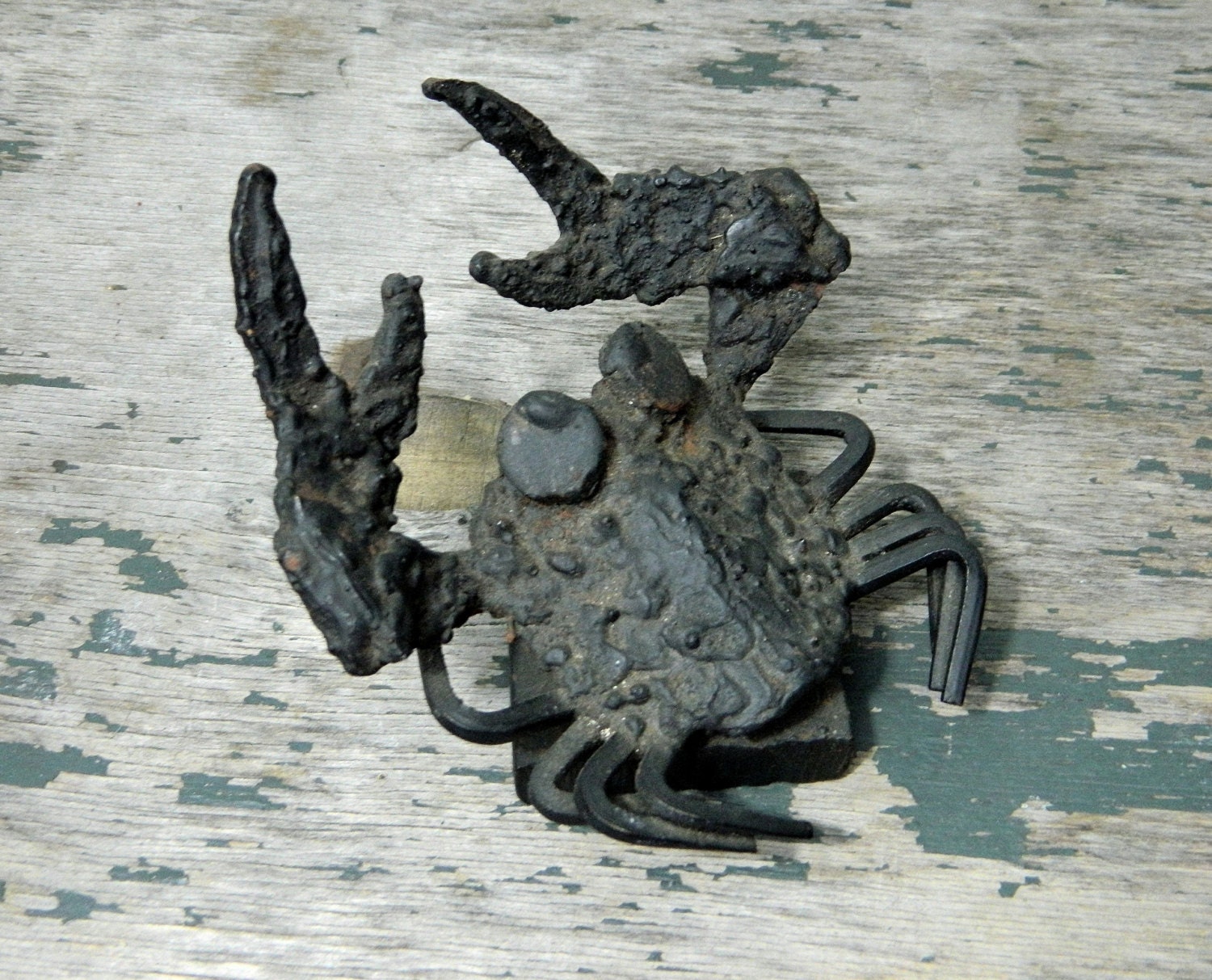 brutalist crab sculpture in iron by Jaro Svitorka . mid-century home decor . metal art