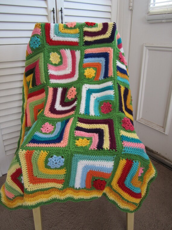 Granny Square Crochet Blanket...Baby Crochet Blanket...Colorful Knitting Patchwork Afghan...Lap blanket