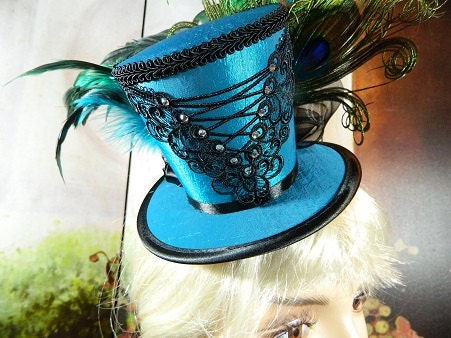 Teal Turquoise Peacock Gothic Victorian Tophat Minihat Fascinator Minizylinder Steampunk Burlesque Larping Wedding Costume