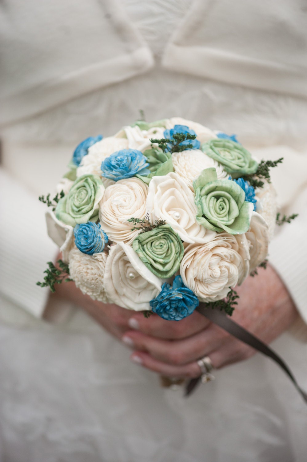 Handmade Alternative Wedding Bouquet - Blue Green Ivory Bridal Bridesmaid Bouquet, Keepsake Bouquet