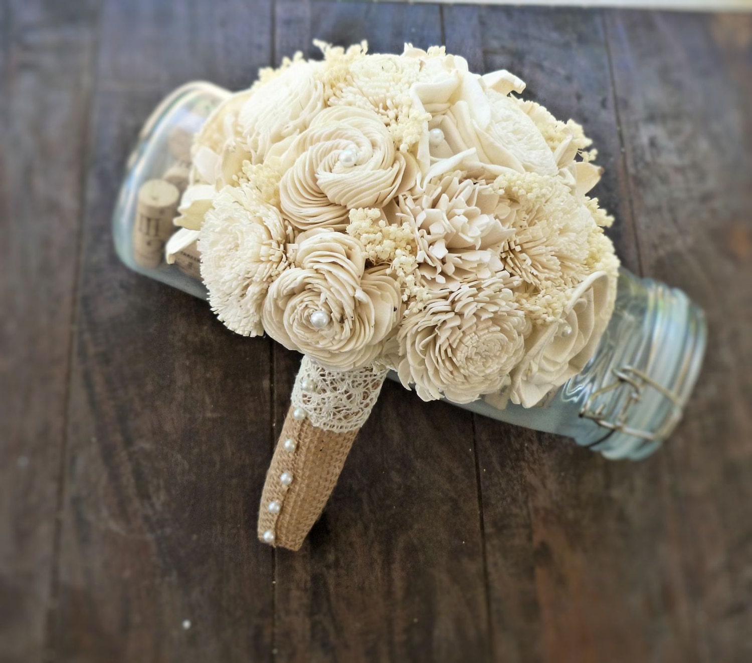Handmade Wedding Bouquet Small- Ivory Burlap Bridal Bouquet, Keepsake Bouquet, Shabby Chic Wedding, Rustic Wedding