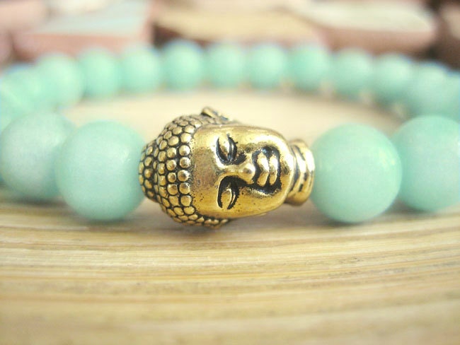 Buddha Bracelet - Aqua Blue Green Yoga Bracelet with Gold Plated Buddha Head and Amazonite Beads, Lotus Seed Mala Bead