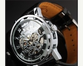 Father Day Gift Steampunk Mens gear watch,  Silver with black synthetic leather band.  Very elegant. INCLUDES GIFT BOX