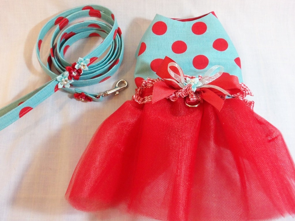 RockinDogs Red and Turquoise Polkadot Dog Tutu Dress with Matching Leash Set