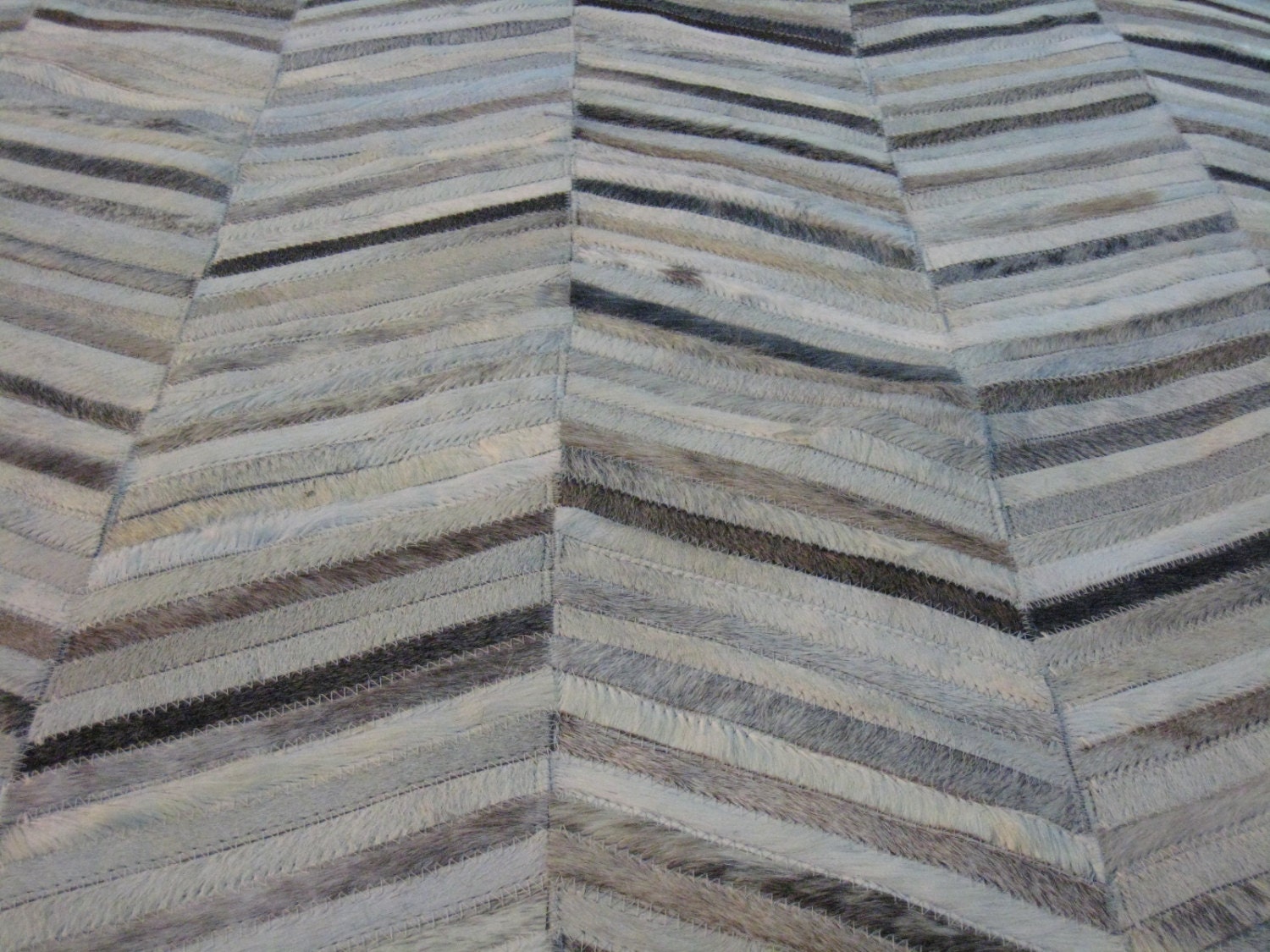 LIFESTYLE by Cara  --  White Grey Herringbone Custom Cowhide Patchwork Rug Cow Hide Leather Hairhide Carpet