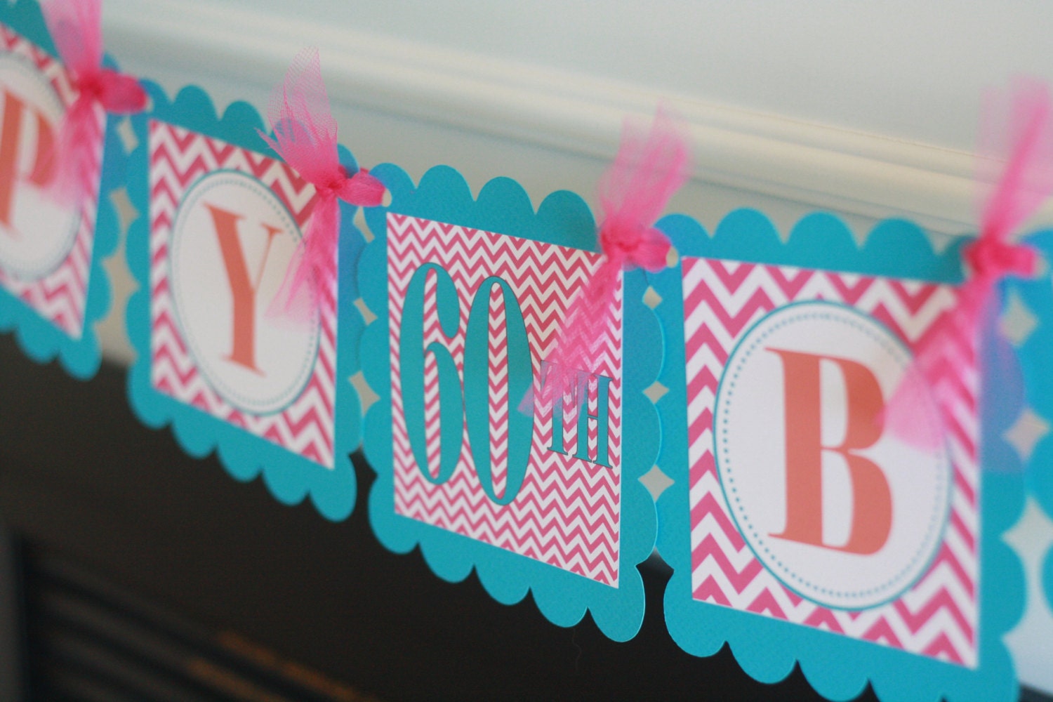Happy 60th 50th 60th 30th Birthday Orange Turquoise & Hot Pink Chevron Banner - Free Ship Over 60.00