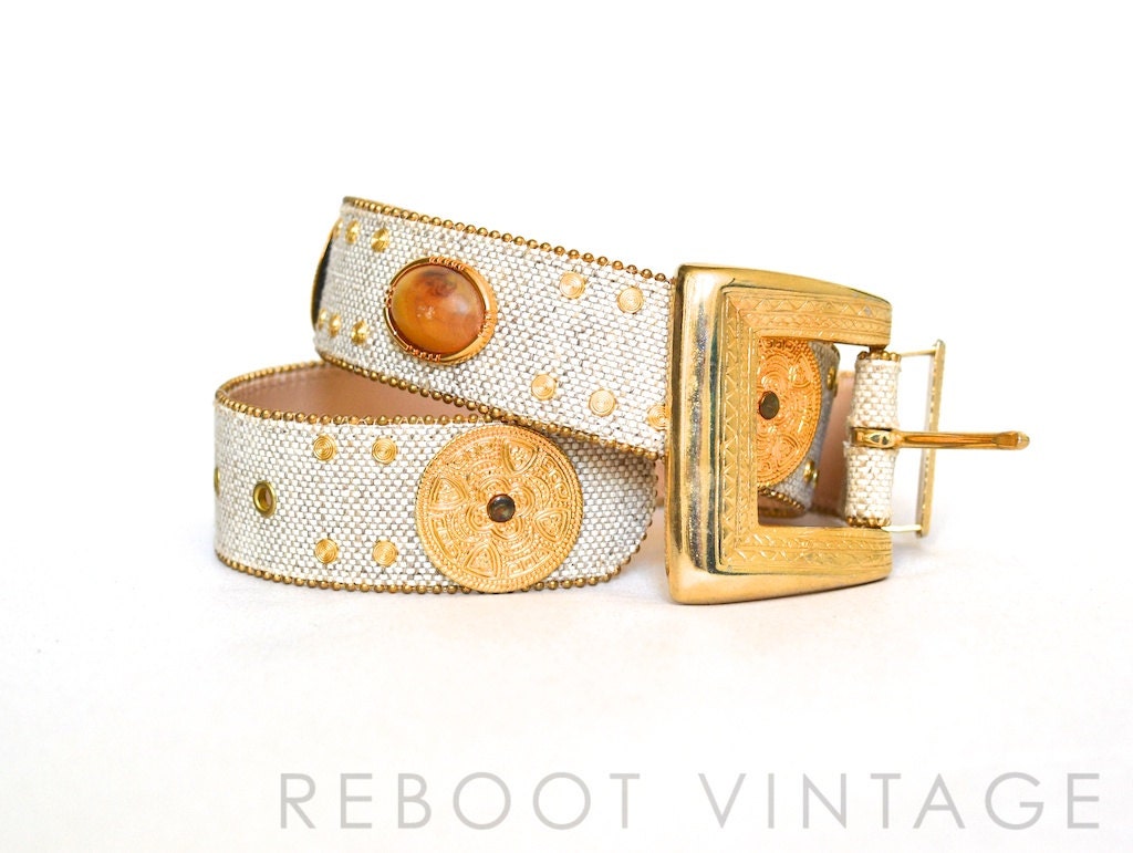 Vintage 80s Belt - Small - White with Medallions M