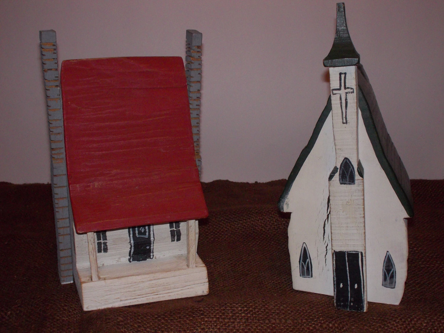 wood church and cabin, handcarved and painted, rustic buildings