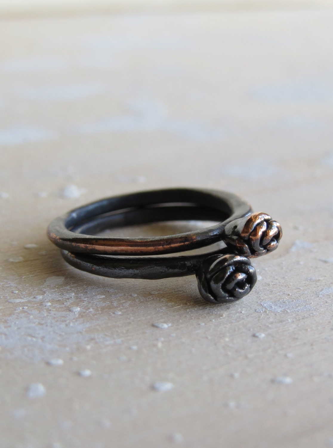 FLOWER CHILD, Rustic Rosebuds Stackable Rings Set of 2, Oxidized Copper