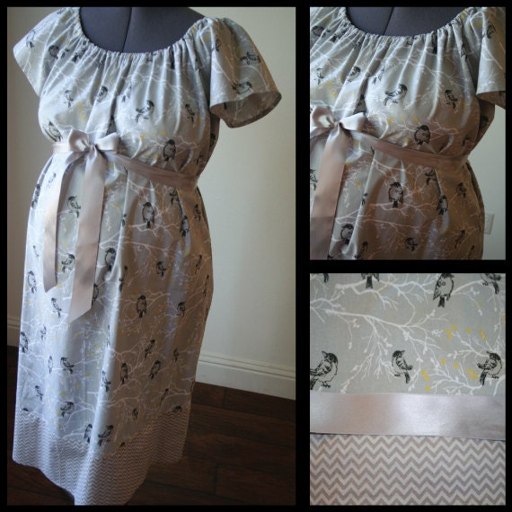 Maternity Hospital Labor Gown-Gray with Birds, Mini Gray CHEVRON band