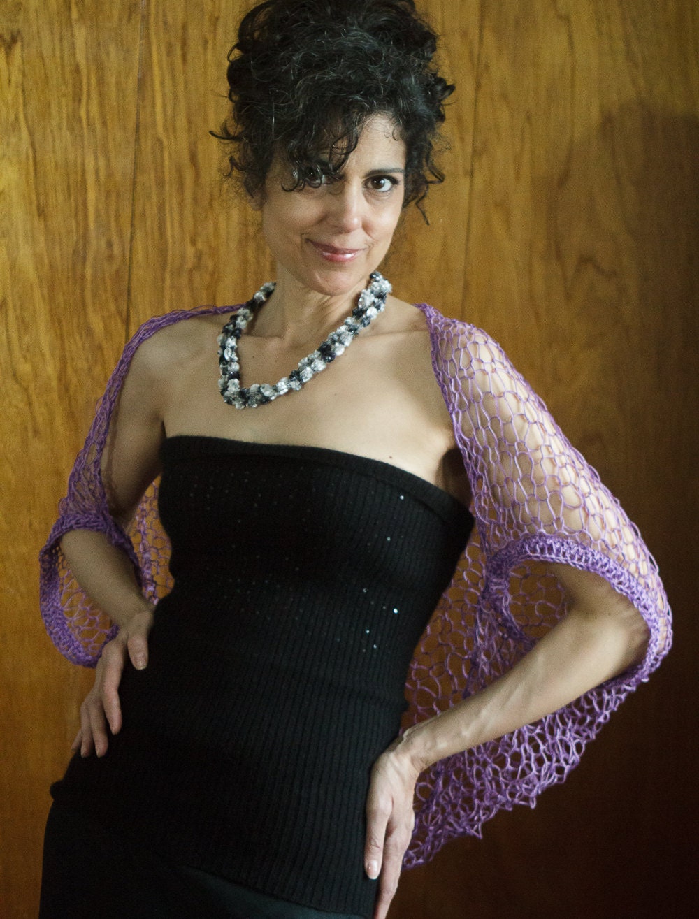 Lacy Knitted Shrug Lavendar Summer Sweater with Crocheted Edging Lavendar Short Shrug