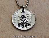 i love you more - dime coin jewelry pendant necklace made of a genuine U.S. coin with a sterling silver charm on a stainless steel chain.
