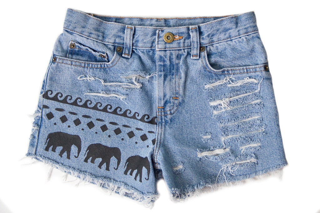 Tribal Aztec Elephant Waves Shorts Hand Painted Vintage Distressed High Waisted Denim Coachella Boho Hipster Extra Small XS W24