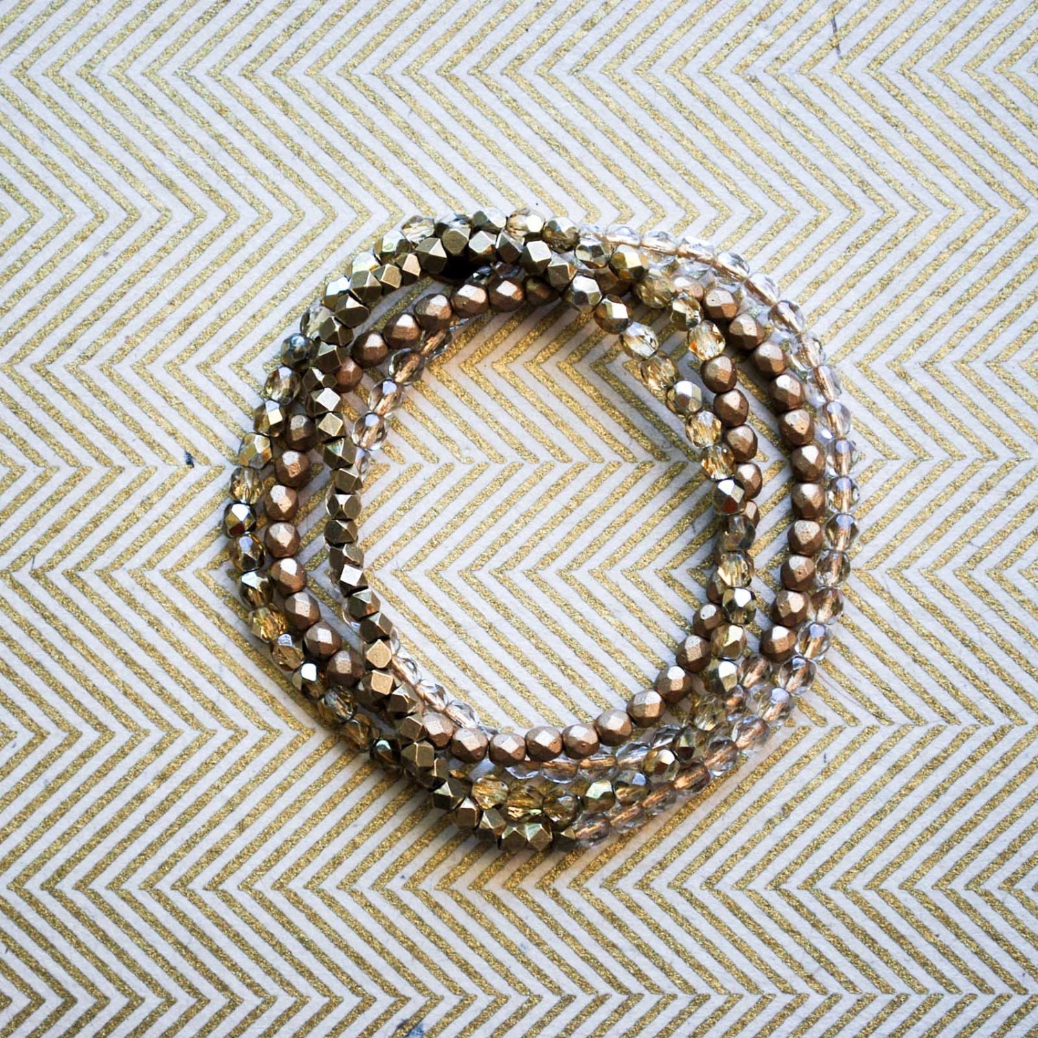Gold Czech Glass - Wrap Bracelet - Vintage Brass