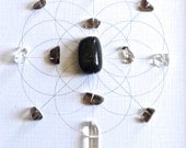 REJUVENATE, CLEANSE, HEAL --- framed sacred crystal grid --- shungite, quartz, smoky quartz