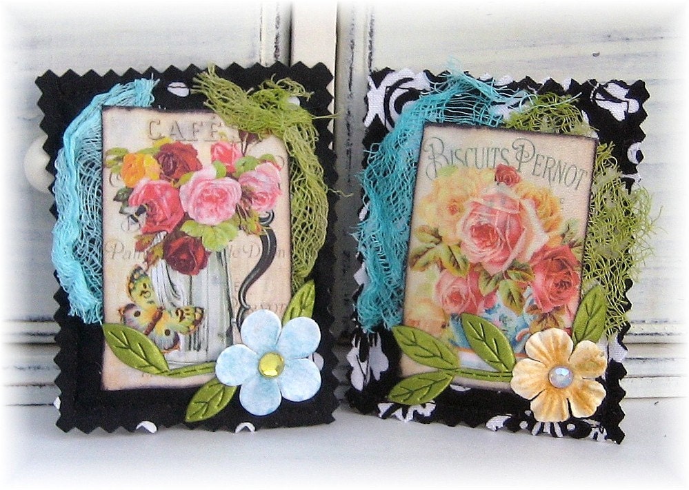 Cappuccino Sachets, Set of Two Vintage Coffeepot and Roses Design