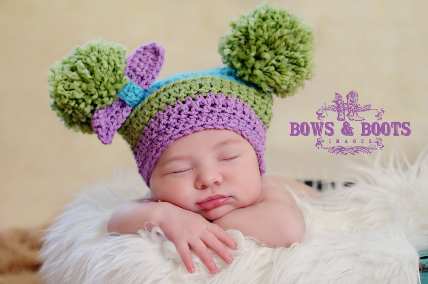 Baby Girl Purple, Lime Green, & Turquoise Pom Pom Hat