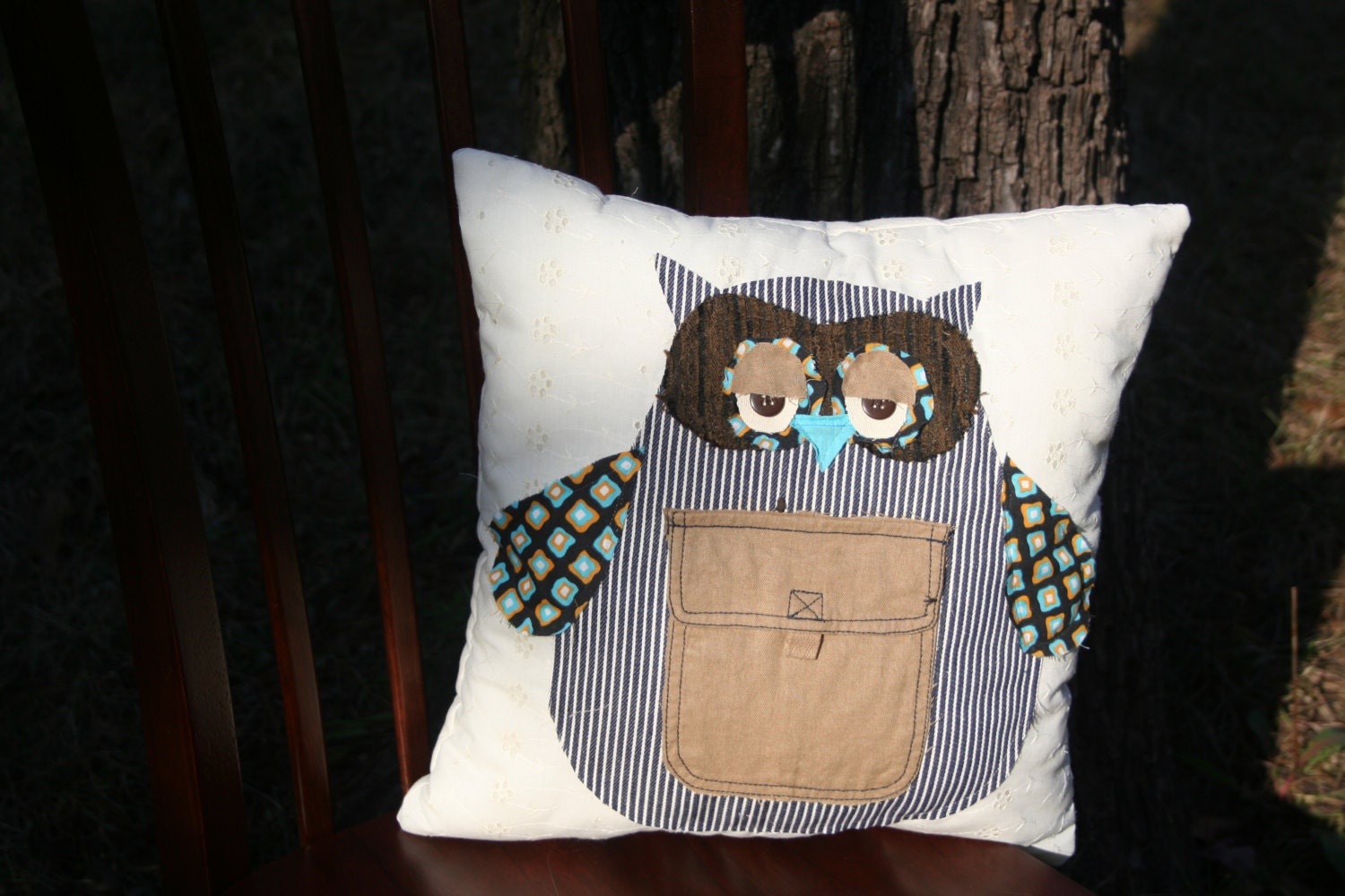 owls, pillows made from vintage and repurposed fabrics/buttons