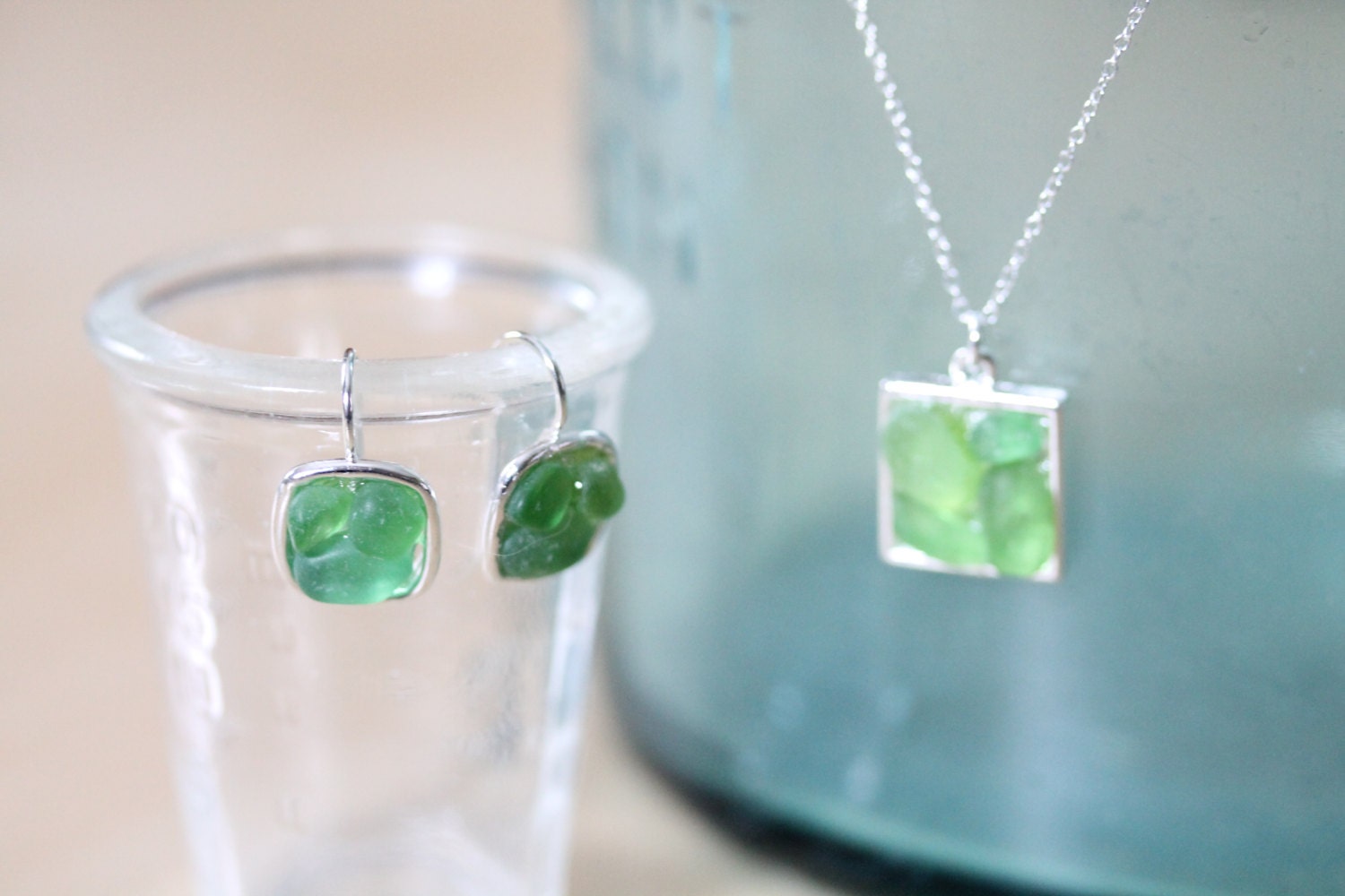 Sea Glass & Silver Mosaic Necklace - Green