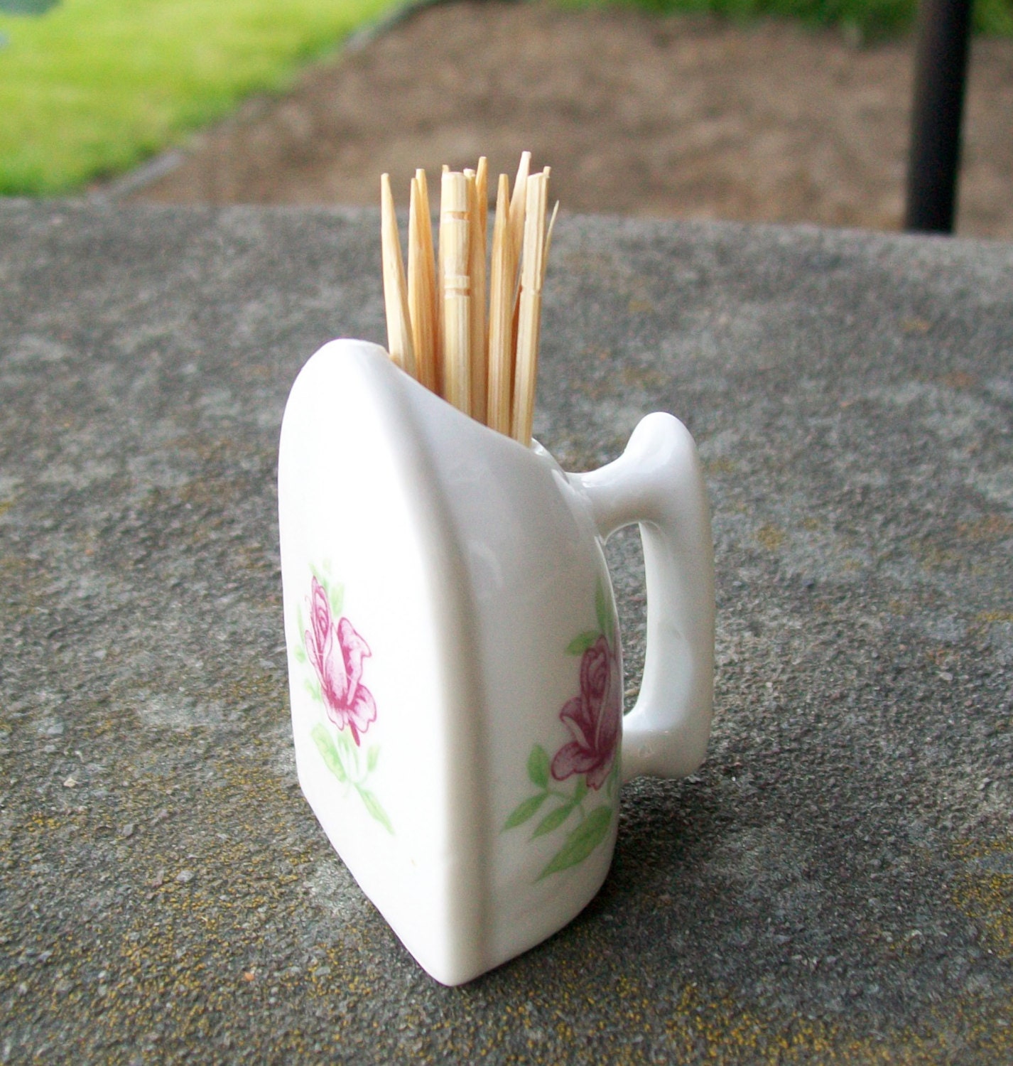 Vintage Ceramic Iron Toothpick Holder with Floral Pattern