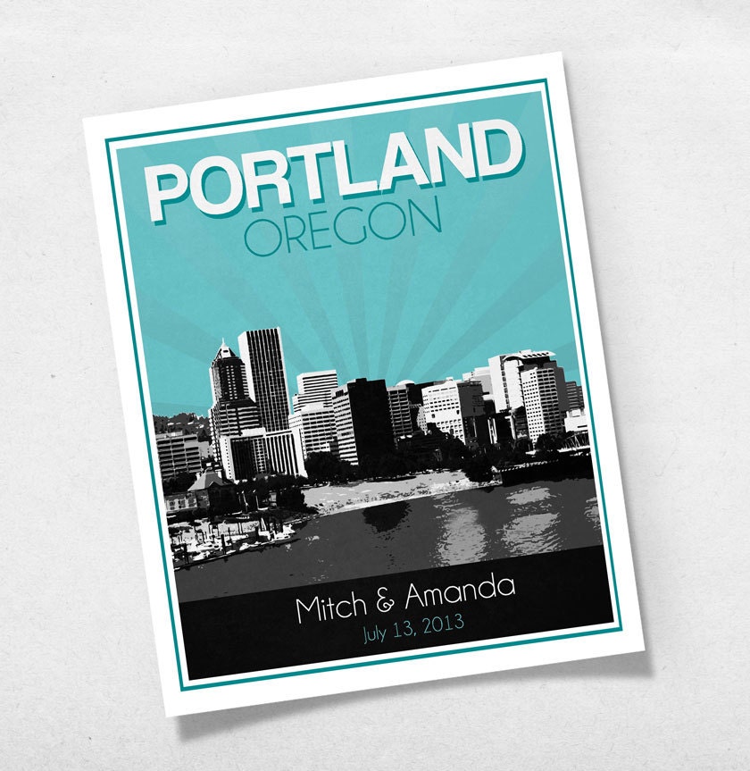 Portland Oregon Wedding Gift - Personalized - Anniversary - Custom Date - Location City and State Modern Art Print - 8x10