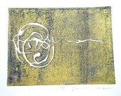 SALE Playful Simple Abstract Modern Minimalist Art Block Print 3 x 4 Home Decor / Gold, Ultramarine Blue / Hand Pulled Linocut