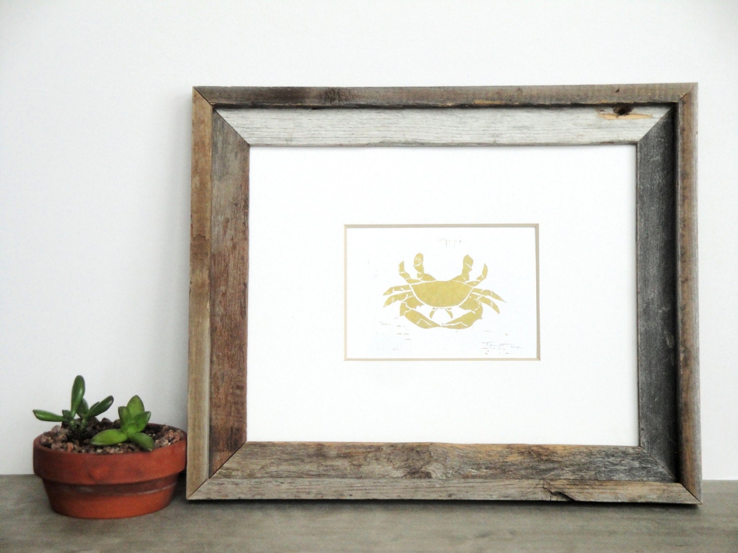 SALE Nautical Crab Art Illustration Block Print 4 x 6 Home Decor / Gold / Hand Pulled Linocut